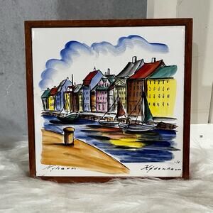 Vintage Handmade Painted Denmark Ceramic Nyhavn København Art Tile 1964 Framed